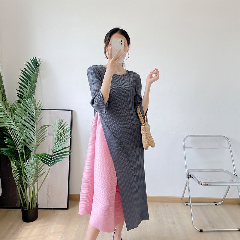 Irregular Pleated Dress For Women Round Neck Color Block Stitching Dresses