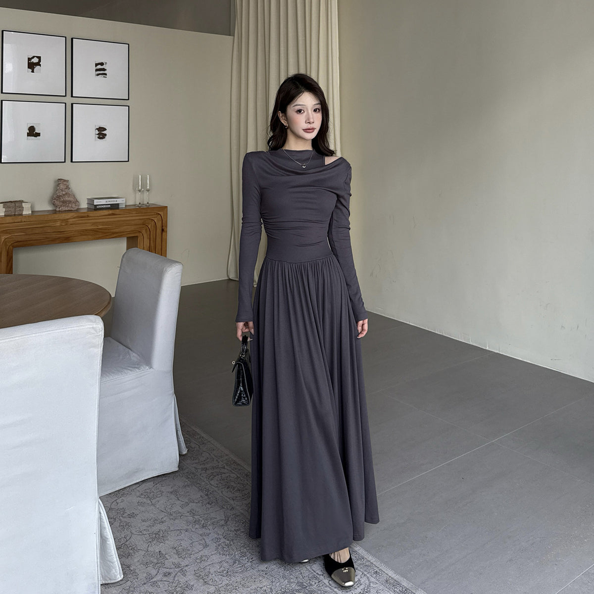 Fake two one shoulder long sleeved dresses for women