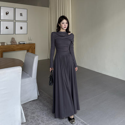 Fake two one shoulder long sleeved dresses for women