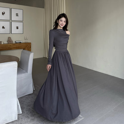 Fake two one shoulder long sleeved dresses for women