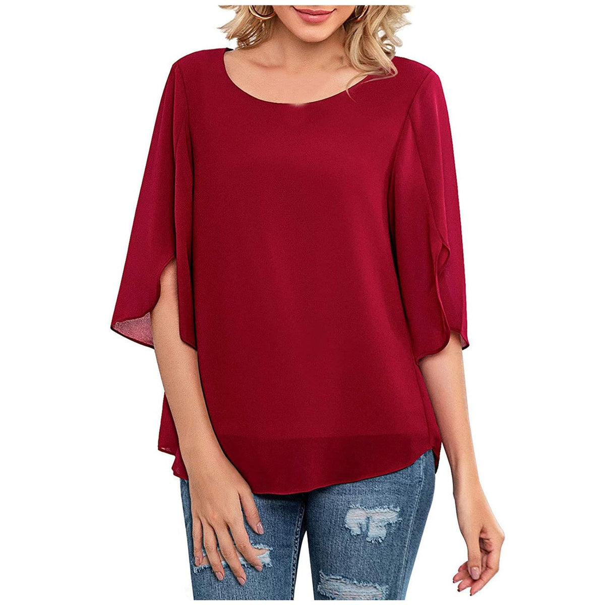Summer Casual Chiffon Tunic Tops Women Soild Fashion Blouses Round Neck Loose 3/4 Sleeve Elegant Shirts For Women Bluzki Damskie