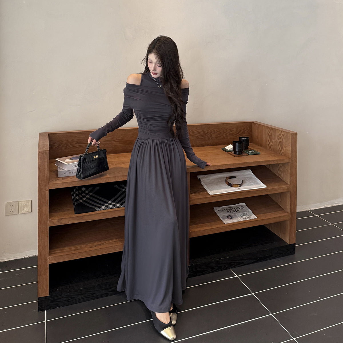 Fake two one shoulder long sleeved dresses for women