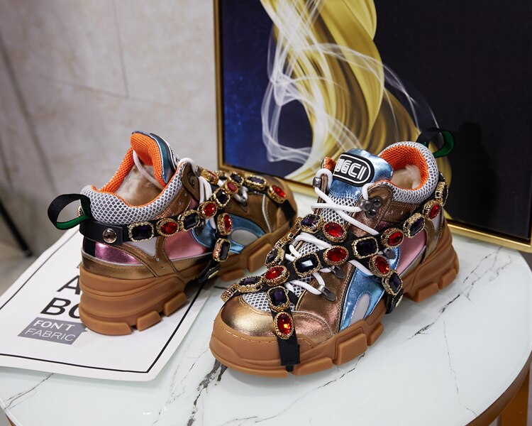 Trainers Rhinestone Sneakers Women Platform Thick Sole Muffin Flats Diamond Elevator Creepers Shoes High Quality Mesh Crystal