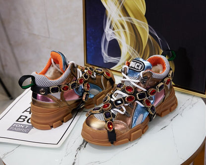 Trainers Rhinestone Sneakers Women Platform Thick Sole Muffin Flats Diamond Elevator Creepers Shoes High Quality Mesh Crystal