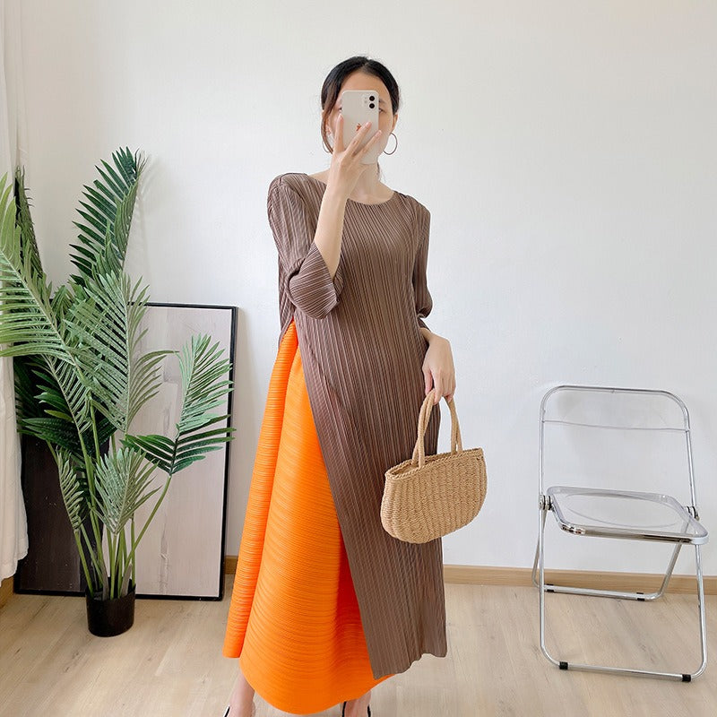 Irregular Pleated Dress For Women Round Neck Color Block Stitching Dresses