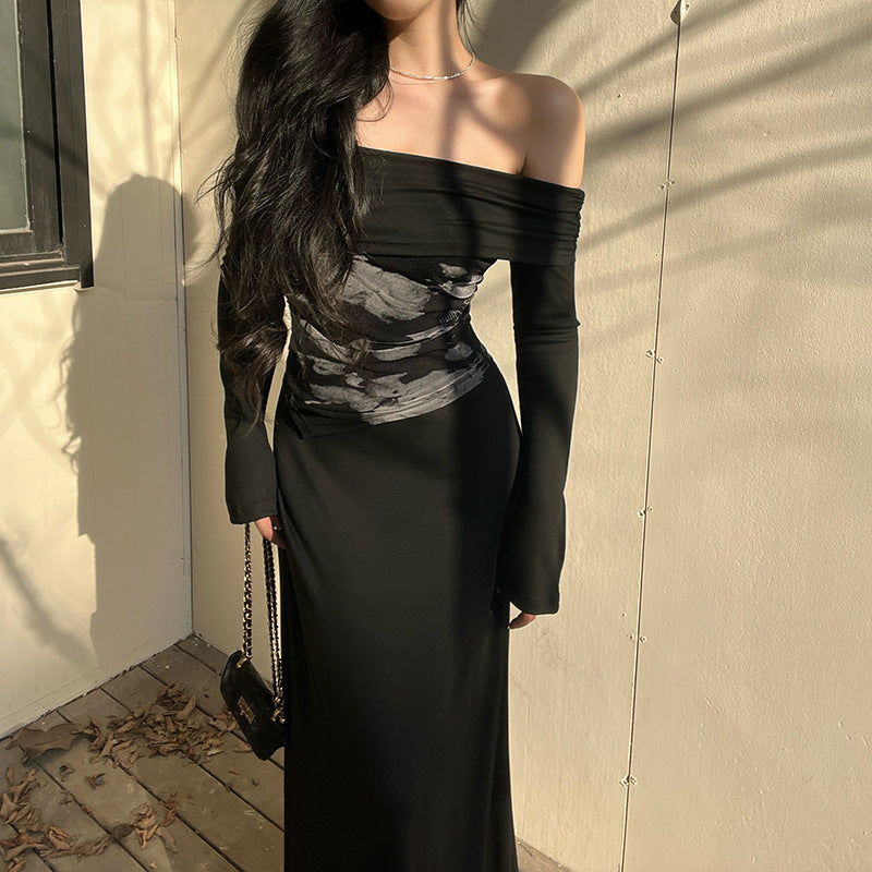 One shoulder fake two casual clear dresses long skirt