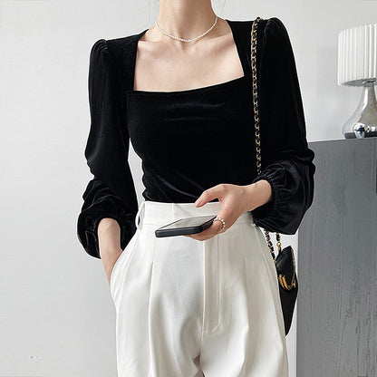 Black Flannel Blouses Women Vintage Lantern Puff Sleeve Velvet Shirts Female French Style Square Collar Tops
