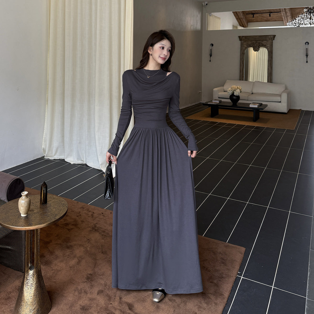 Fake two one shoulder long sleeved dresses for women