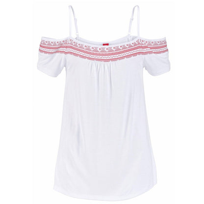 Beach Style Women Tops And Blouses Summer Adjustable Spaghetti Straps Sexy Carmen Neckline Cold Shoulder Print Women Blouse