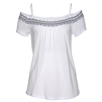 Beach Style Women Tops And Blouses Summer Adjustable Spaghetti Straps Sexy Carmen Neckline Cold Shoulder Print Women Blouse