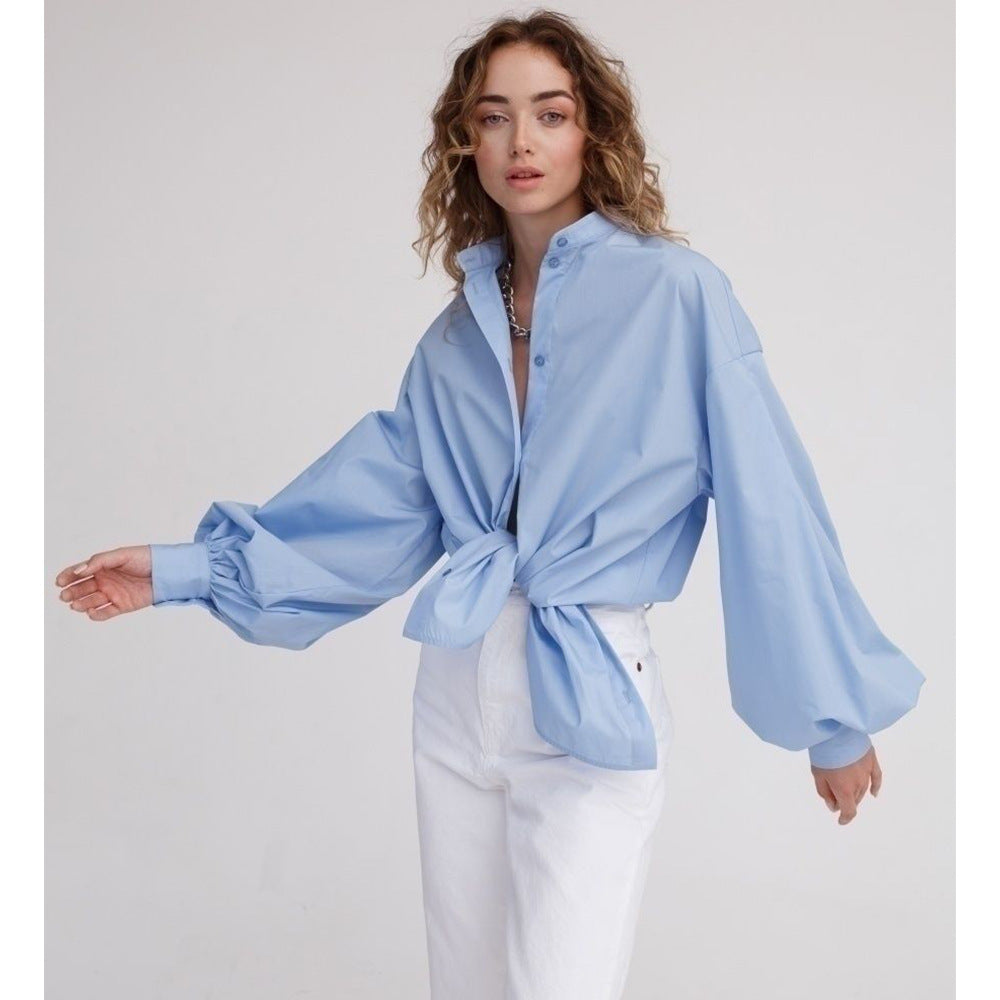 Casual Loose Shirts For Women Lapel Lantern Sleeve Patchwork Single Breasted Solid Temperament Blouses Female