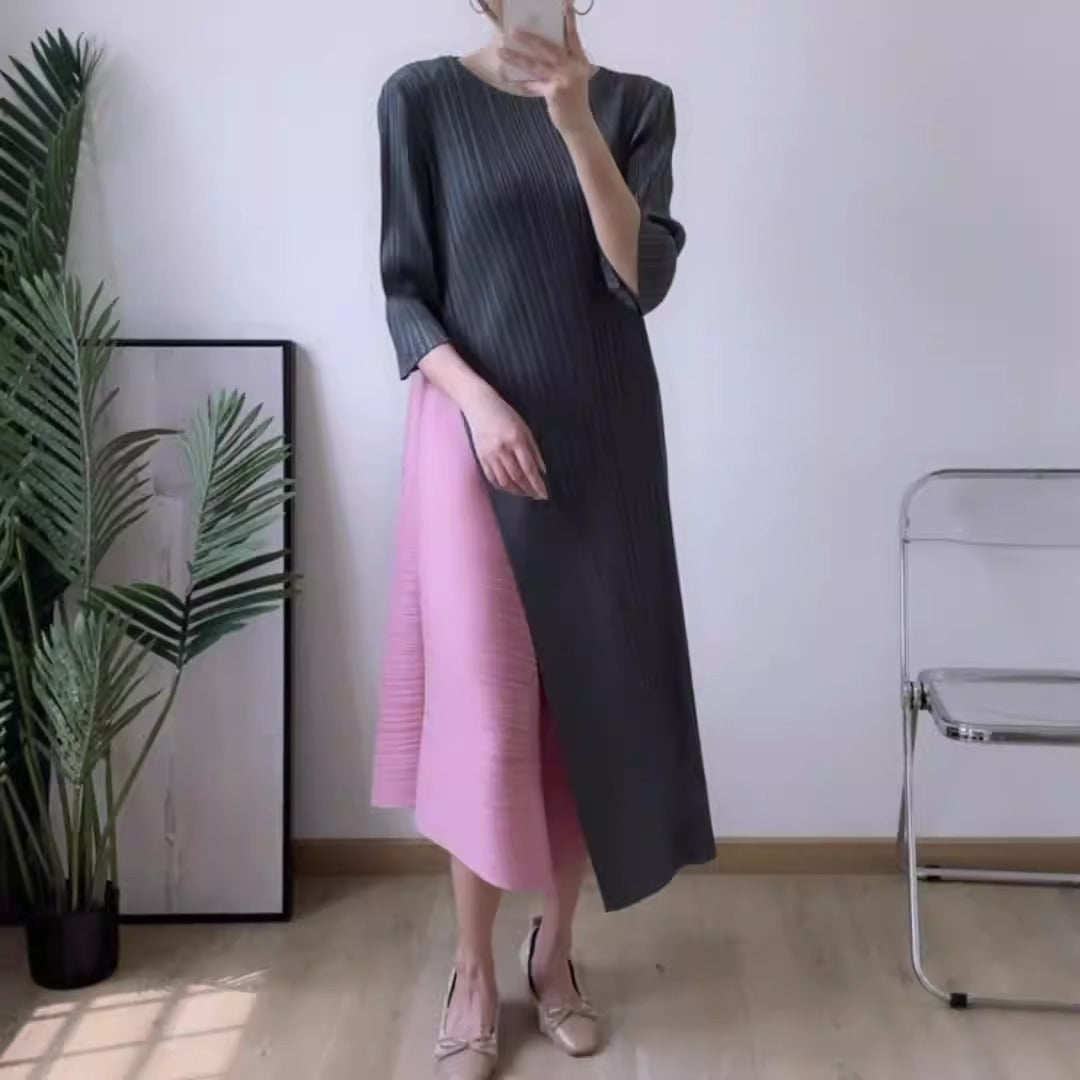 Irregular Pleated Dress For Women Round Neck Color Block Stitching Dresses