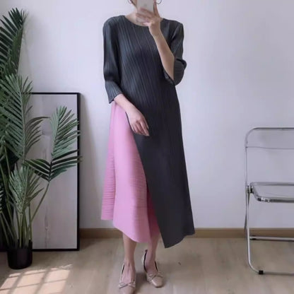 Irregular Pleated Dress For Women Round Neck Color Block Stitching Dresses