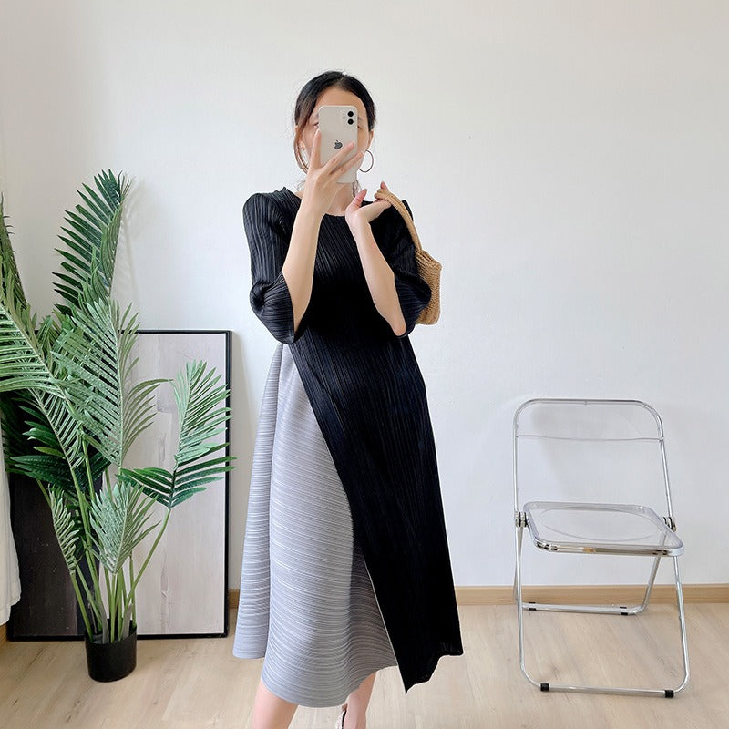 Irregular Pleated Dress For Women Round Neck Color Block Stitching Dresses