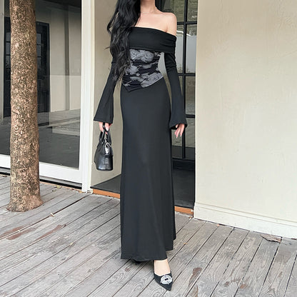 One shoulder fake two casual clear dresses long skirt
