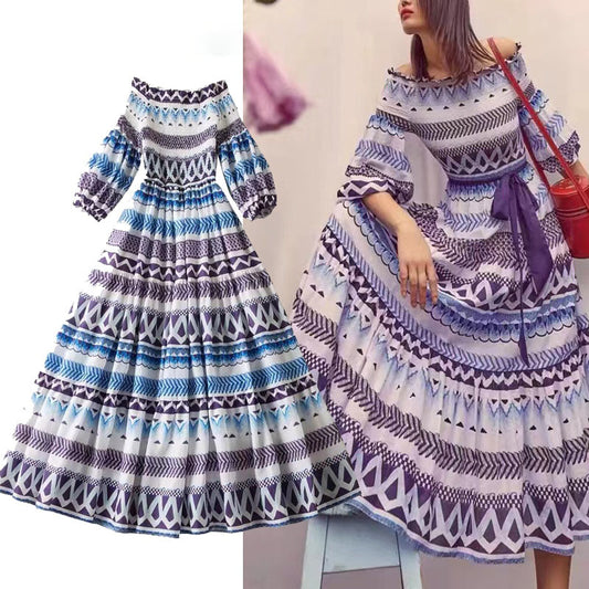 Slash Neck Midi Dresses For Women Vintage Casual Geometric Striped Print Party Night Dresses Summer Clothes