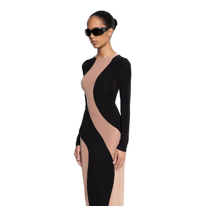 Colorblock Long Sleeve Dress Autumn Fashion Sexy Bodycon Long Dresses