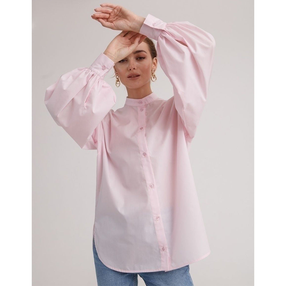Casual Loose Shirts For Women Lapel Lantern Sleeve Patchwork Single Breasted Solid Temperament Blouses Female