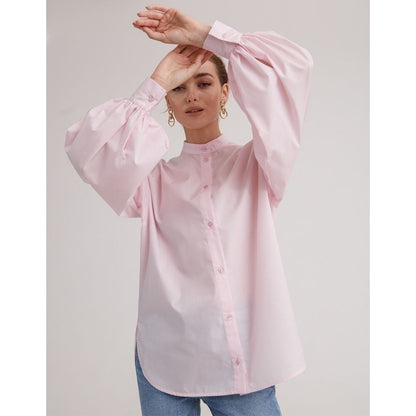 Casual Loose Shirts For Women Lapel Lantern Sleeve Patchwork Single Breasted Solid Temperament Blouses Female