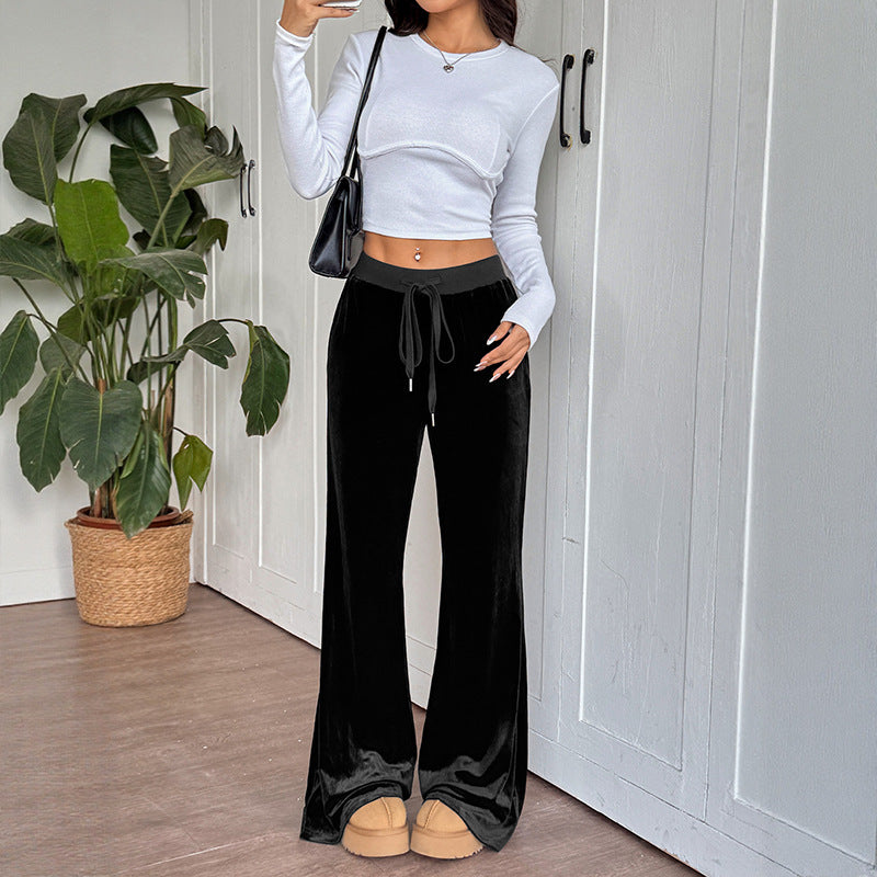 Elegant Velvet Flared Trousers with Draped Feel for Women