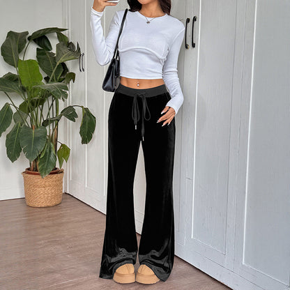 Elegant Velvet Flared Trousers with Draped Feel for Women