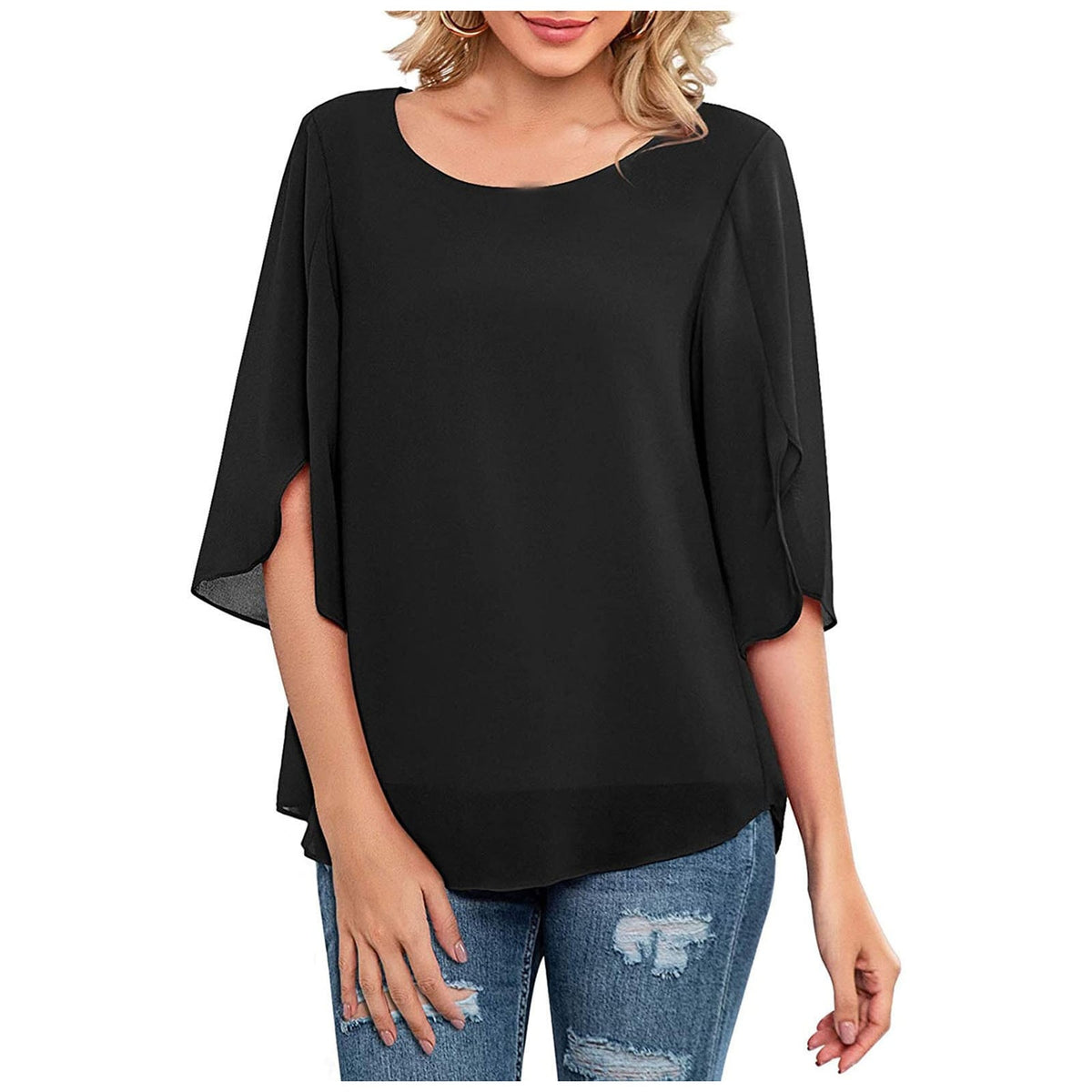 Summer Casual Chiffon Tunic Tops Women Soild Fashion Blouses Round Neck Loose 3/4 Sleeve Elegant Shirts For Women Bluzki Damskie