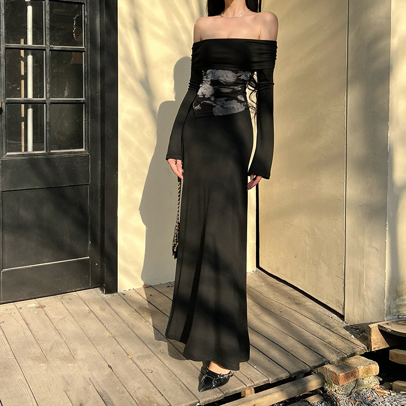 One shoulder fake two casual clear dresses long skirt