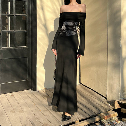 One shoulder fake two casual clear dresses long skirt