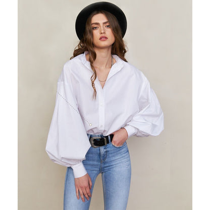 Casual Loose Shirts For Women Lapel Lantern Sleeve Patchwork Single Breasted Solid Temperament Blouses Female