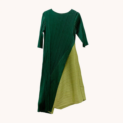Irregular Pleated Dress For Women Round Neck Color Block Stitching Dresses