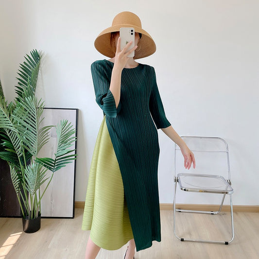 Irregular Pleated Dress For Women Round Neck Color Block Stitching Dresses