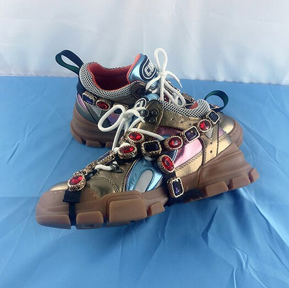 Trainers Rhinestone Sneakers Women Platform Thick Sole Muffin Flats Diamond Elevator Creepers Shoes High Quality Mesh Crystal