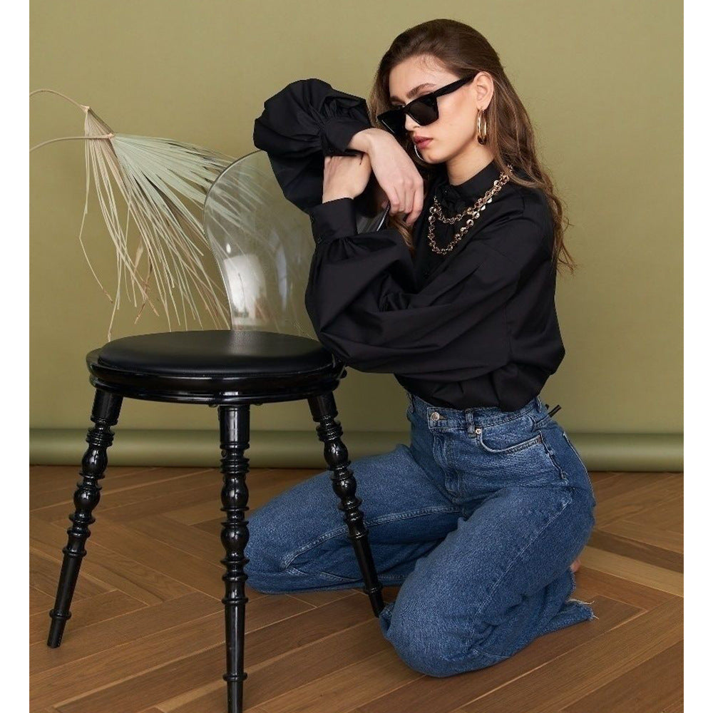 Casual Loose Shirts For Women Lapel Lantern Sleeve Patchwork Single Breasted Solid Temperament Blouses Female